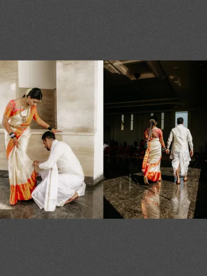 A diptych capturing candid moments of the couple on their wedding day, including the groom helping the bride with her footwear.
