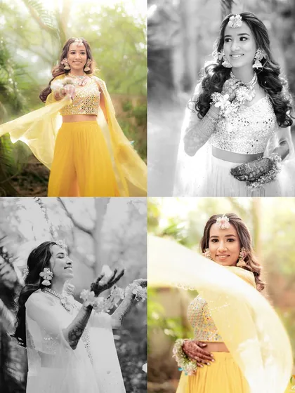 A collage of portraits from a Haldi shoot. We provided the pastel floral jewellery that perfectly complemented the bride's vibrant lehenga and the dreamy feel of the photos.