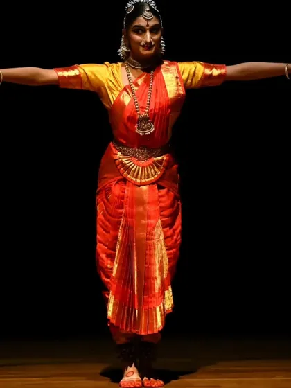 The powerful stance of a Bharatanatyam dancer. This still from Kavya Navani's debut performance showcases the grounded yet expansive energy that is characteristic of the style.