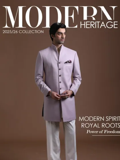 This image, from my Modern Heritage collection, features the lilac bandhgala. It encapsulates my philosophy of blending royal roots with a modern spirit, creating pieces that are both timeless and free-spirited.