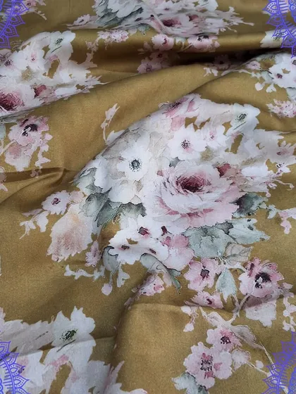 A mustard yellow fabric with a beautiful vintage-style floral digital print. This fabric would make a stunning dress or a stylish cord set.