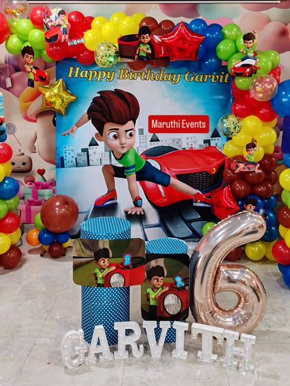 This party is themed around the animated series "Brave Bunnies." The setup features a large character backdrop, themed stands, and a vibrant color palette.