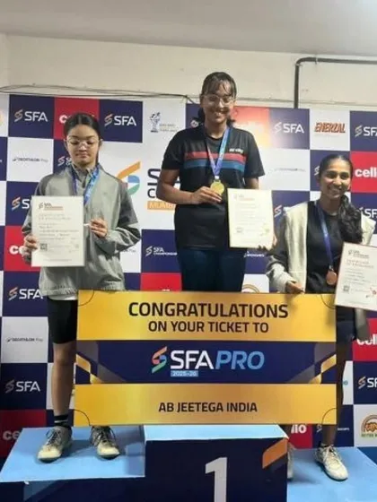 Our student Saisha Naik stands proudly on the winner's podium after clinching 1st place in the U-17 category at the SFA Championship in Mumbai.