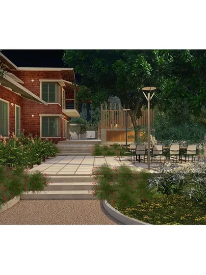 This rendering envisions an intimate dining deck nestled within a 'Mango Vadi' or mango grove. Our design for private estates often creates such unique outdoor living areas, integrating lifestyle features directly into the natural beauty of the site.