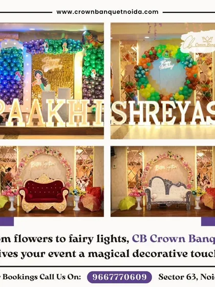 From flowers to fairy lights, we add a magical touch to every event. This collage shows a variety of our decor options, including birthday backdrops for 'Paakhi' and 'Shreyas' alongside our classic engagement stage setups.