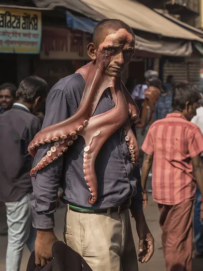 A man in a crowded market with an octopus fused to his face and shoulder. A surreal image about identity crisis and feeling like an outsider.