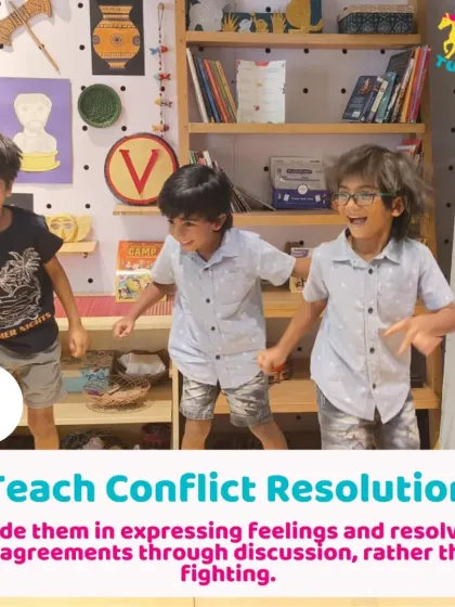 Three boys joyfully running together. I guide children to resolve conflicts through discussion, teaching them valuable life skills.