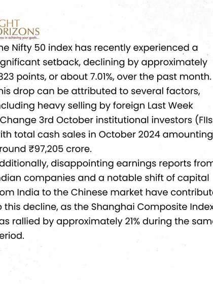 An excerpt from our bulletin detailing a recent setback in the Nifty 50 index. We attribute the decline to heavy selling by FIIs, disappointing earnings reports, and a capital shift towards the Chinese market.