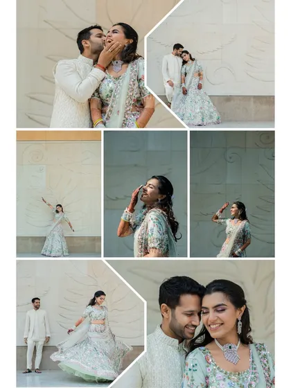 A collage of fun and romantic moments from a Mehendi ceremony. It showcases the bride's beautiful outfit and the couple's happy, relaxed chemistry.