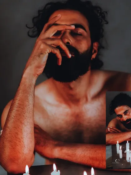 An artistic composition combining a close-up of raw emotion with a wider context. The image-in-image effect adds a layer of complexity to this conceptual portrait.