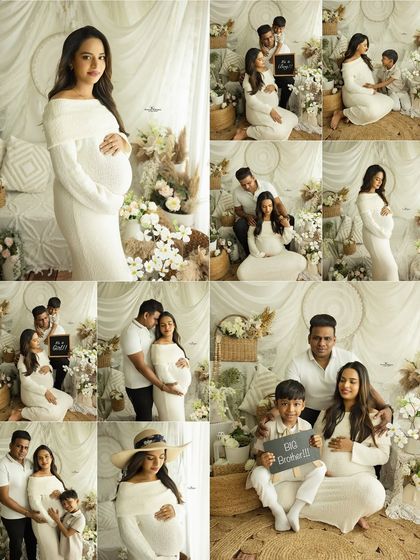 A collage of heartwarming moments from a family maternity shoot. The family of three, soon to be four, is all dressed in white, creating a pure and unified look.