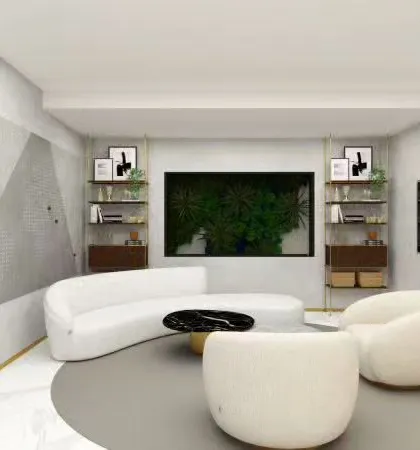 This is a conceptual design for a tech company's waiting area, focusing on minimalism and brand storytelling. The clean lines, curved furniture, and a subtle world map on the concrete-finish wall are designed to communicate a global, modern identity.