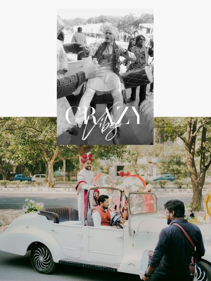 A collage showing the groom's stylish arrival in a vintage white car, a mix of modern cool and traditional celebration.