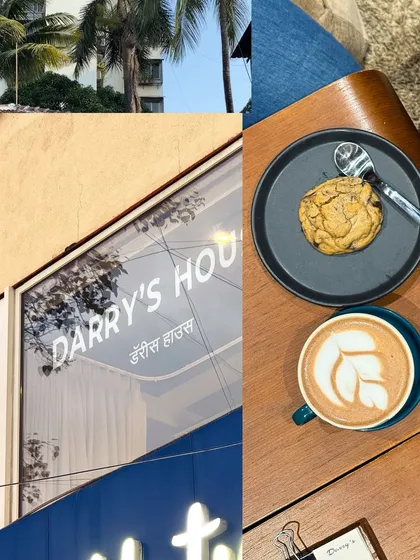 Details from a cafe visit, including the exterior of 'Darry's House' and a perfect cup of latte art.
