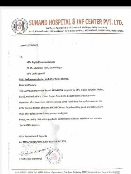 I am proud to have received this performance and after-sales service letter from Sunand Hospital & IVF Center. My team and I successfully installed a HIKVISION CCTV camera system to secure their premises.
