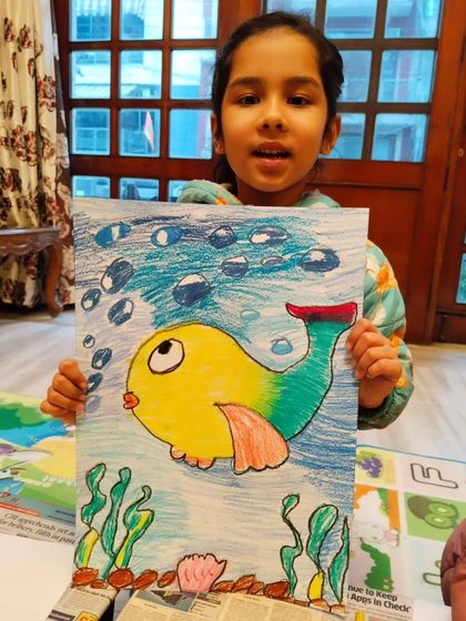I love the personality in this fish drawing. Our classes focus on teaching the basics of coloring and shading to bring drawings to life.