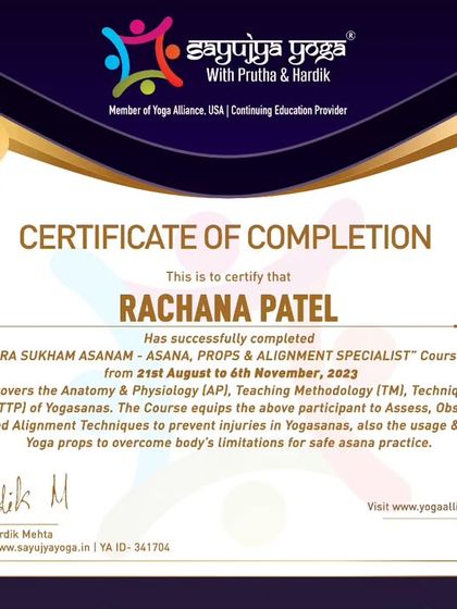 A certificate for our Asana, Props, and Alignment Specialist course. This teacher is now equipped to assess, observe, and offer individualized alignment.