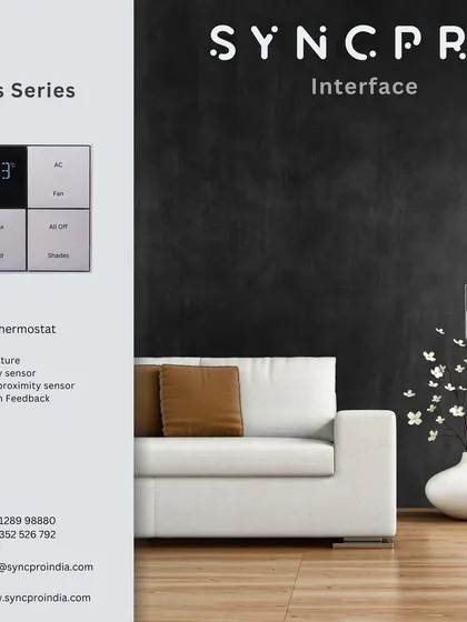 Our Plus Series 3-in-1 thermostat keypad shown in a living room setting. It intelligently manages temperature and humidity while its built-in proximity sensor and vibration feedback enhance the user experience.
