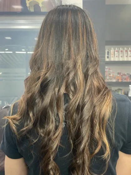 The back view of a gorgeous hairstyle with cascading curls and expertly blended highlights. This look is all about volume, texture, and glamour.