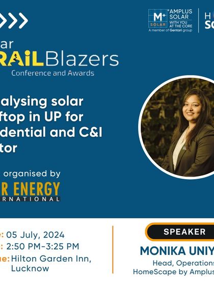 An announcement for our Head of Operations, Monika Uniyal, speaking at the Solar Trailblazers conference on catalyzing rooftop solar in Uttar Pradesh for the residential and C&I sectors.