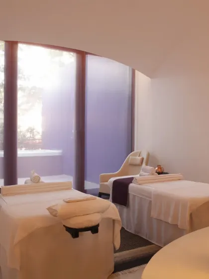 This is one of our private couple's suites at Aheli Spa. We have designed our spaces to be your personal sanctuary, offering comfort, privacy, and tranquility, ensuring your healing experience is undisturbed and deeply personal.