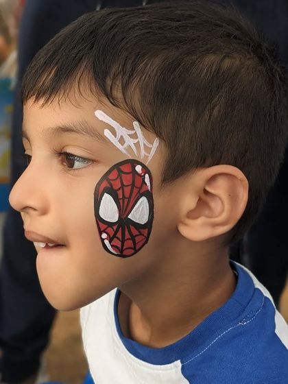 A side view of the classic Spiderman design, showing how it wraps around the side of the face.
