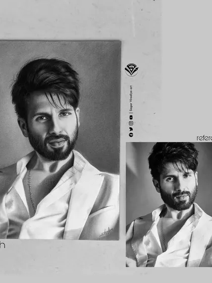 A comparison of the final sketch against the reference photo for the Shahid Kapoor portrait. This format helps illustrate the accuracy and realism I strive for in all my work.