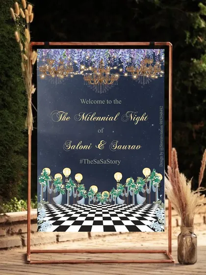 Welcome to an evening of enchantment. For this 'Millennial Night' celebration, I designed a welcome sign that captured a glamorous, starry night theme, complete with celestial chandeliers and a whimsical checkerboard floor to set a magical tone.