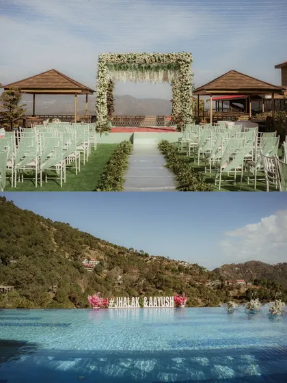 The setting is the first chapter of your wedding story. This stunning view of the infinity pool and mandap setup for Jhalak and Aayush's wedding in the Kasauli hills shows how I capture the grandeur of a destination wedding.