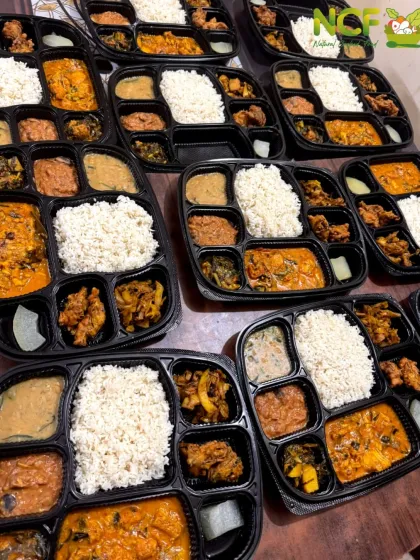 Here are my multi-compartment thalis, packed and ready for a 'Cheiraoba' festival order. Each thali offers a complete meal with rice, curries, and sides, ensuring every guest gets a perfect portion.