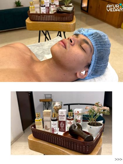 The complete at home setup. A client rests peacefully while our curated tray of Ayurvedic oils and tools is ready for the session. It's your peace, in your space.