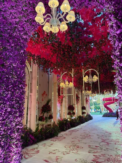 A magical and immersive walkway, leading straight into the most vibrant part of the venue. The path is framed by a tunnel of purple and red flowers. 💫
