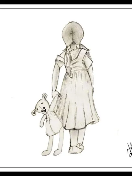 A nostalgic pencil sketch of a little girl holding her teddy bear. This piece is about childhood companionship and the silent friends who share our earliest joys and sorrows.