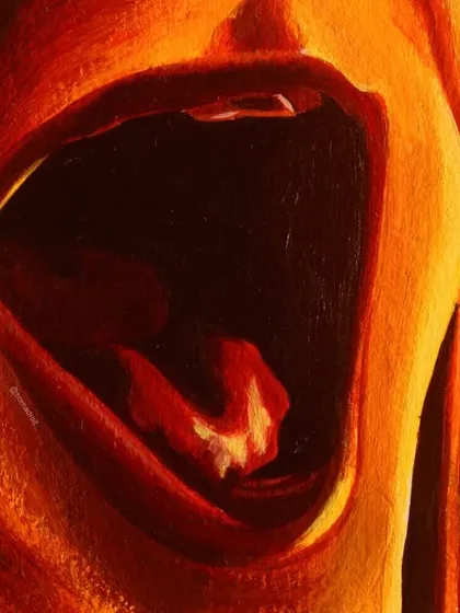 This close-up focuses on the dramatic, open-mouthed expression in the 'Kantara' painting. Capturing this level of emotion requires careful study of facial muscles and shading.