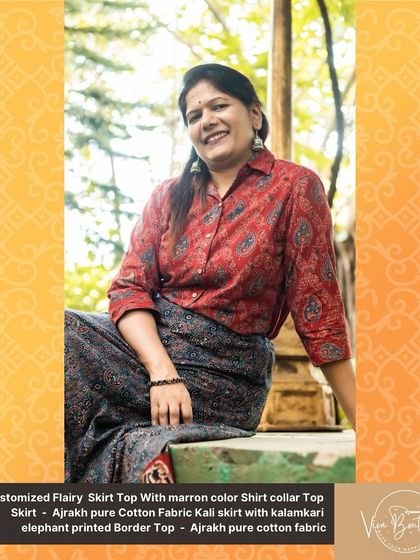 A closer look at the custom Ajrakh shirt and skirt set. The pure cotton fabric makes it comfortable for all-day wear, while the unique print ensures you stand out.
