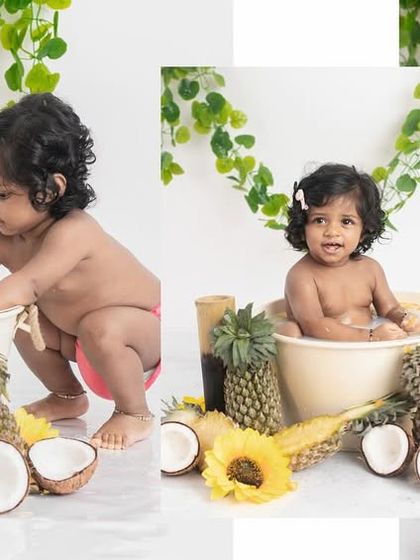 This collage shows the fun progression of a tropical-themed milk bath session. From exploring the setup to splashing around, we capture a whole story of your toddler's playful adventure with pineapples and coconuts.
