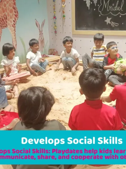 A circle of friends in the sandpit. Playdates at my center help children develop social skills like communication and cooperation in a safe and engaging environment.