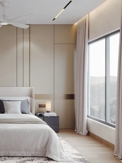 A wider view of the bedroom, emphasizing the balance and symmetry in the design. The render captures the soft, natural light filling the room.