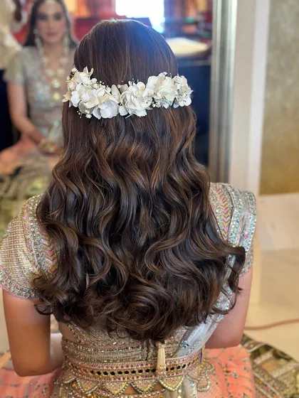 A detailed shot of the floral crown, which adds a touch of bohemian grace.