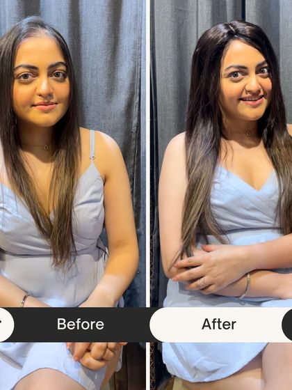 Can you spot the difference? This before-and-after showcases the seamless integration of a premium silk scalp topper. It provides coverage and volume while looking completely natural.