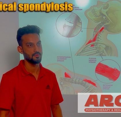An educational session in progress, explaining the muscular impact of cervical spondylosis. We believe patient education is a critical component of successful rehabilitation.