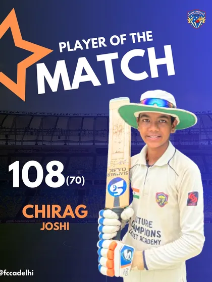 A graphic celebrating Chirag Joshi's magnificent century and Player of the Match award.