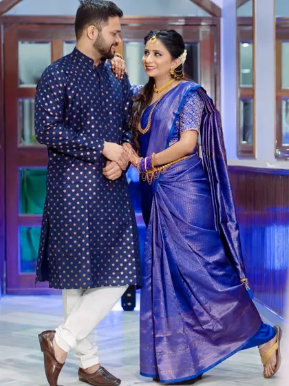 My gorgeous South Indian engagement bride with her partner. I created a classic look with a Kanjeevaram saree and traditional gold jewelry.