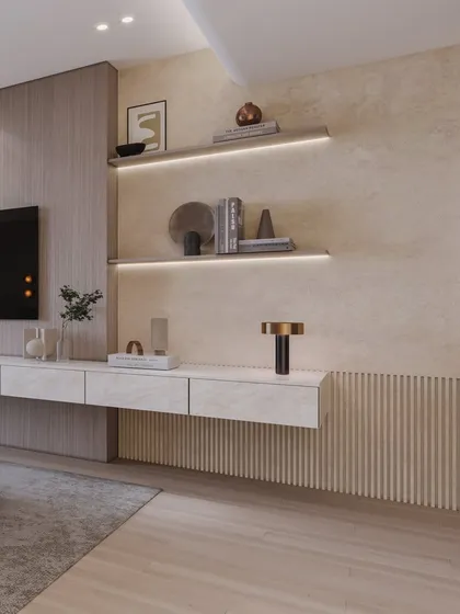 A detail of the floating TV console and backlit shelves, rendered to show their clean, modern aesthetic.
