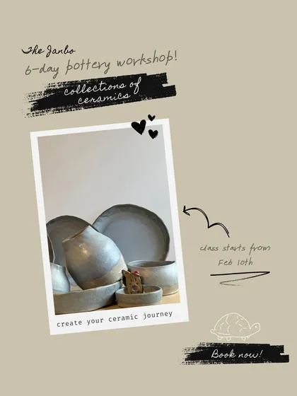 Create your ceramic journey with our 6-day pottery workshop. A vintage-style flyer for our course starting in February.