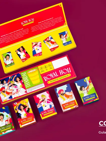 The 'Royal Holi' hamper contains four pouches of gulal and a packet of thandai, presented in a vibrant and artistic box. It's a simple yet elegant way to share festive joy.