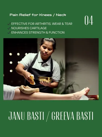 For knee pain and arthritis, we use Janu Basti. This therapy involves creating a reservoir around the knee joint and filling it with warm, medicated oil to lubricate the joint, reduce pain, and strengthen the surrounding muscles.