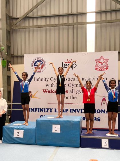 The podium is full of talent. Our gymnasts celebrating their wins at the Infinity Leap competition, showcasing their skills and determination.