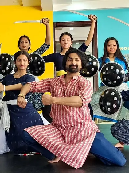 Our female students mastering the powerful techniques of Mayurbhanj Chhau, traditionally a male-dominated form. We are proud to empower all our dancers to break boundaries and excel in this martial art.