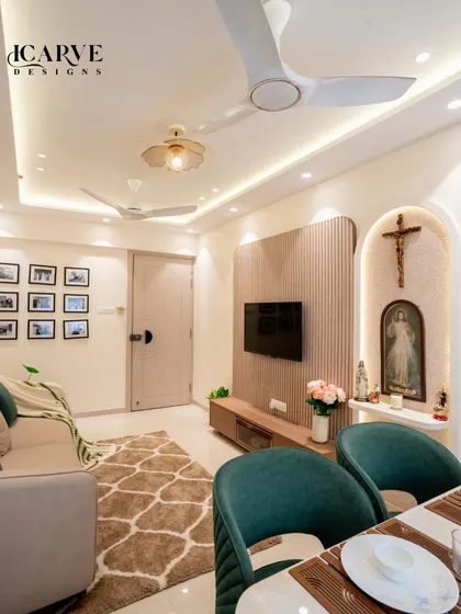 This angle shows the flow from the living area to the dining space, unified by a consistent color scheme and lighting design.